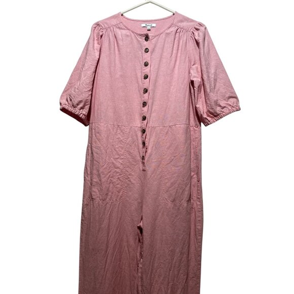 Madewell linen Puff Sleeves Jumpsuit Womens Medium Pink Straight Leg Button Down - Picture 7 of 16